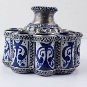 Antique Candle Holders Porcelain Blue And White Silver Metal  European Made